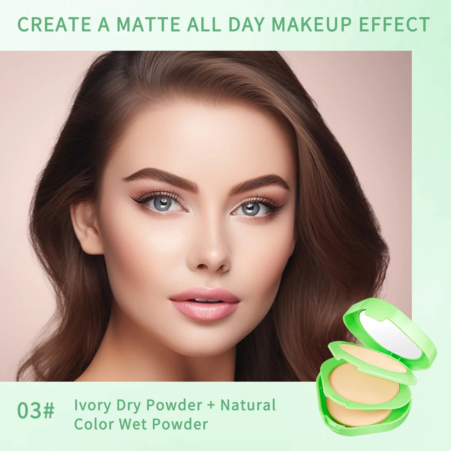 Green Tea Light Silky Double-Layer Powder Lightweight, Long-Lasting, Natural Coverage, Oil Control Correcting Powder Foundation