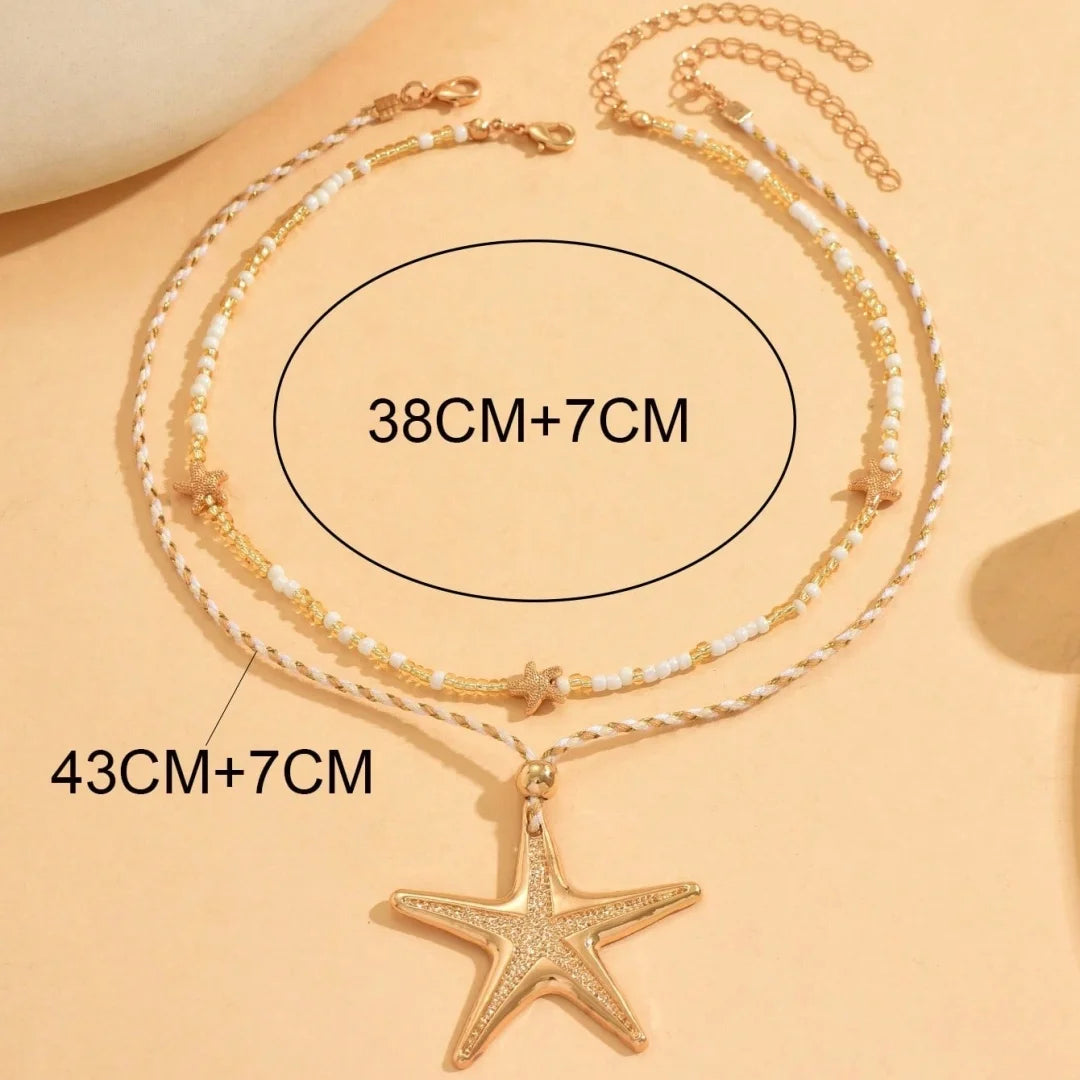 Retro White Starfish Pendant Collarbone Necklace Women's Simple Sweet Bead String Chain Girls Fashion Beach Jewelry
