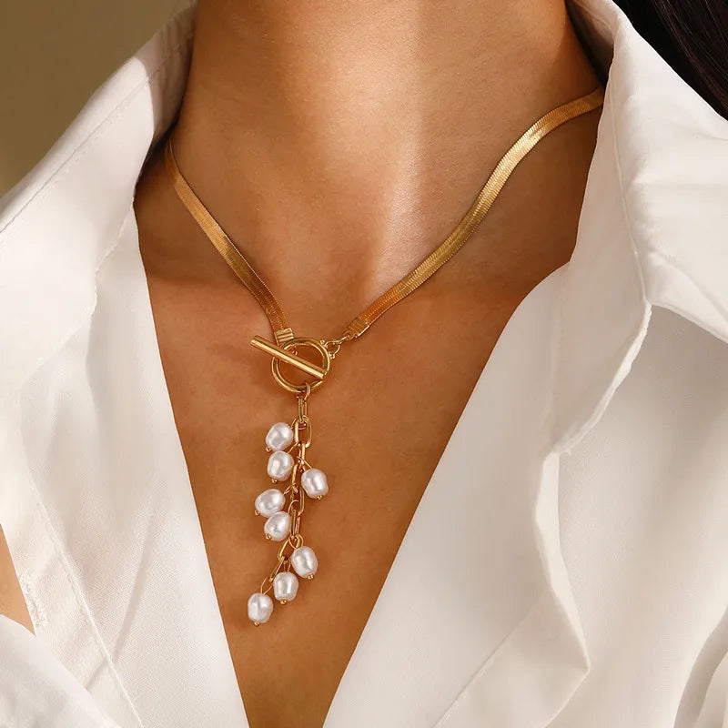 Imitation Pearl Tassel Flat Snake Bone Necklace For Women Fashionable Personalized Daily Accessory Party Jewelry Birthday Gifts