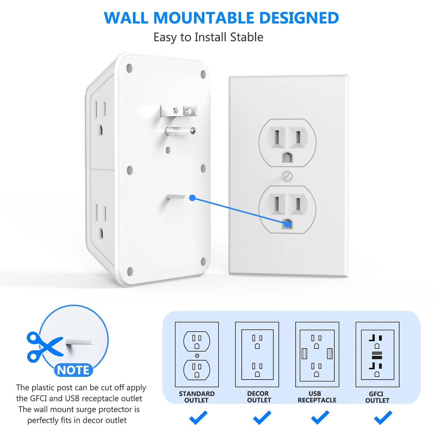 6-Outlet Wall Power Strip with 4 USB Ports (2 USB-C) – Fast Charging