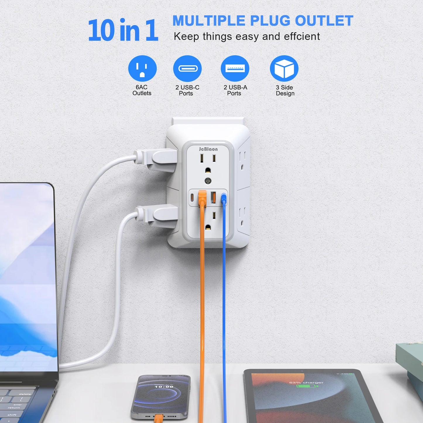 6-Outlet Wall Power Strip with 4 USB Ports (2 USB-C) – Fast Charging