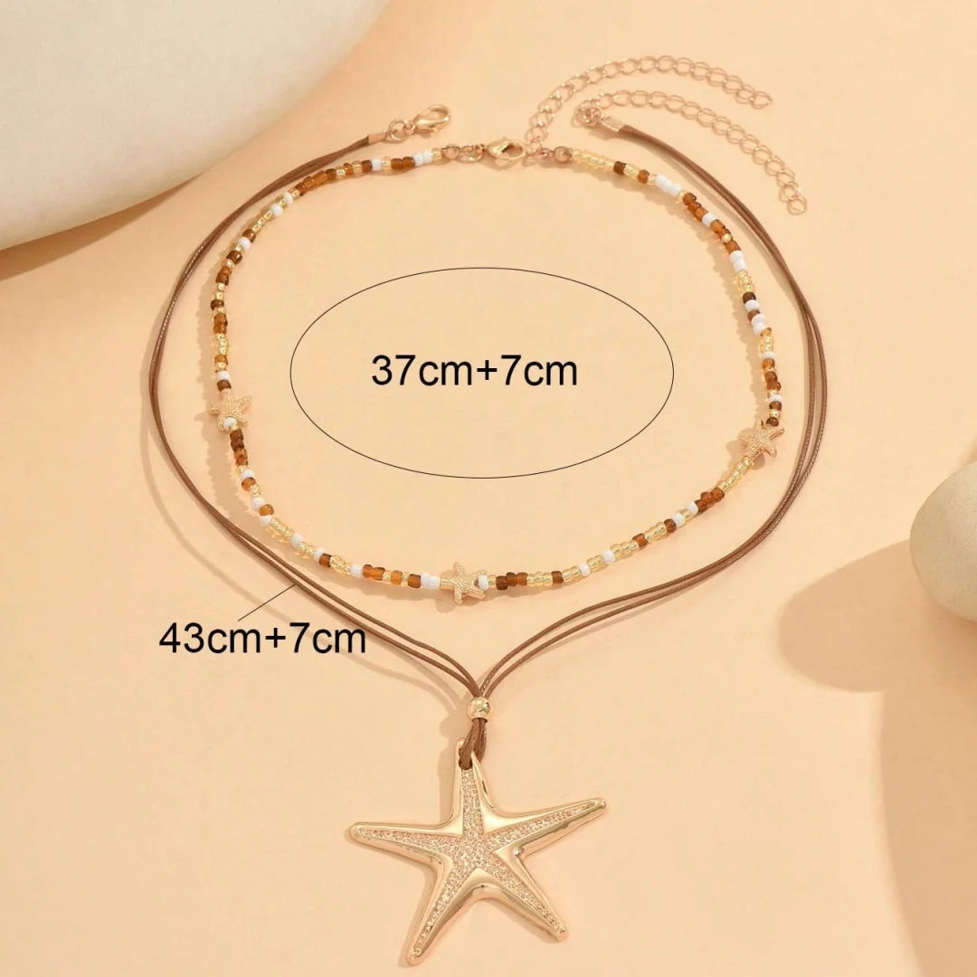 Retro White Starfish Pendant Collarbone Necklace Women's Simple Sweet Bead String Chain Girls Fashion Beach Jewelry