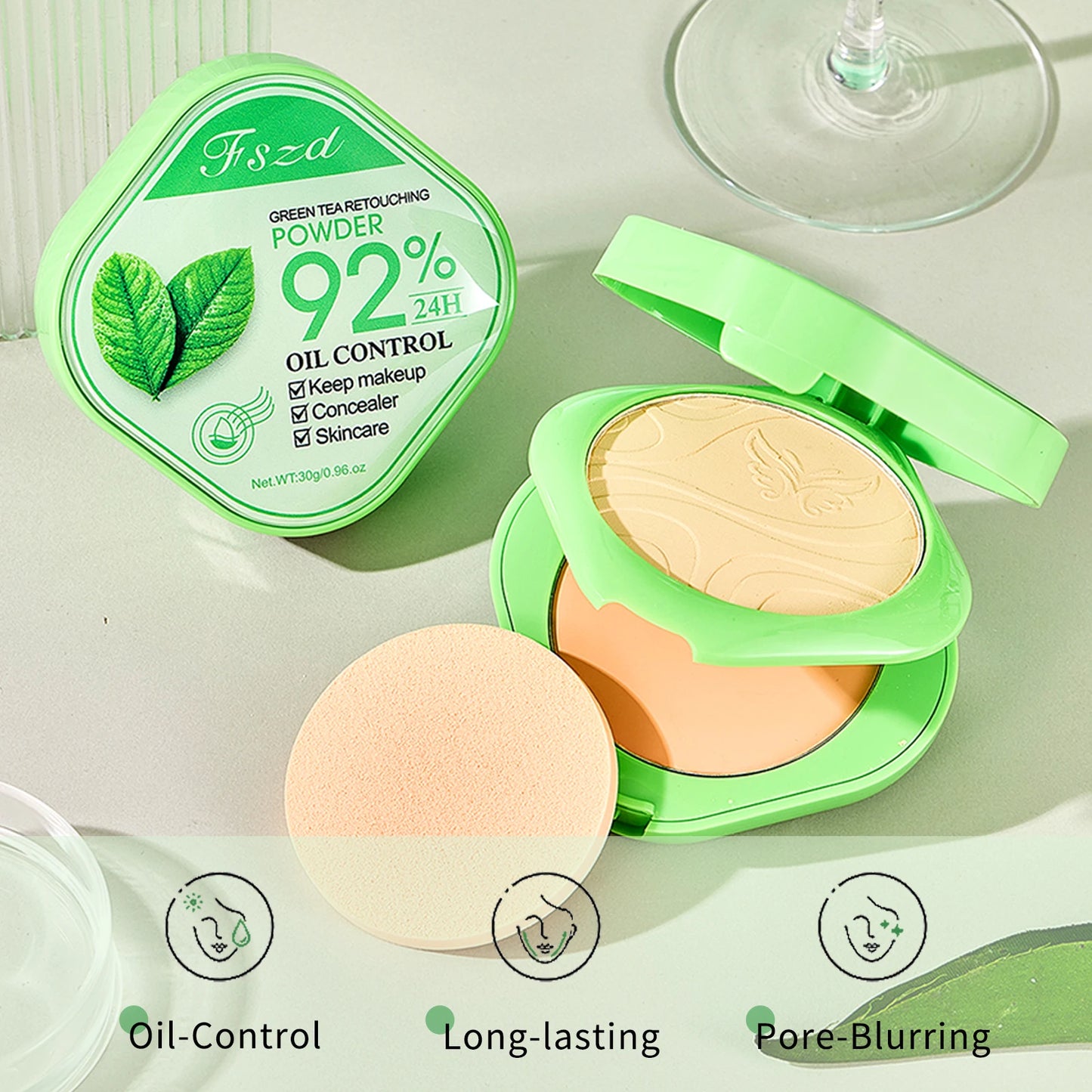 Green Tea Light Silky Double-Layer Powder Lightweight, Long-Lasting, Natural Coverage, Oil Control Correcting Powder Foundation