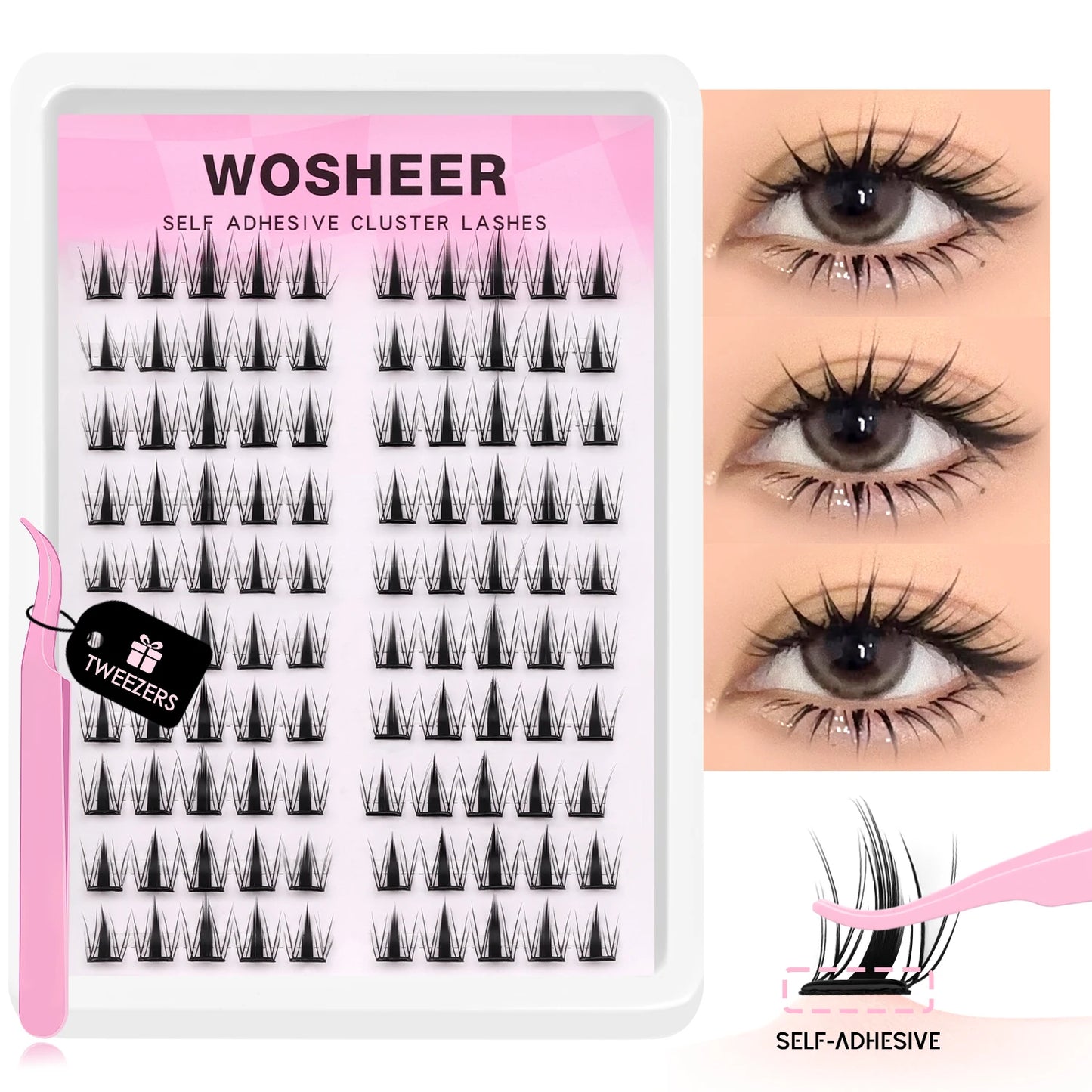 WOSHEER Manga Self Adhesive Lash Clusters Kit Natural Reusable Eyelash Clusters No Glue Needed Pre Glued Cluster Lashes