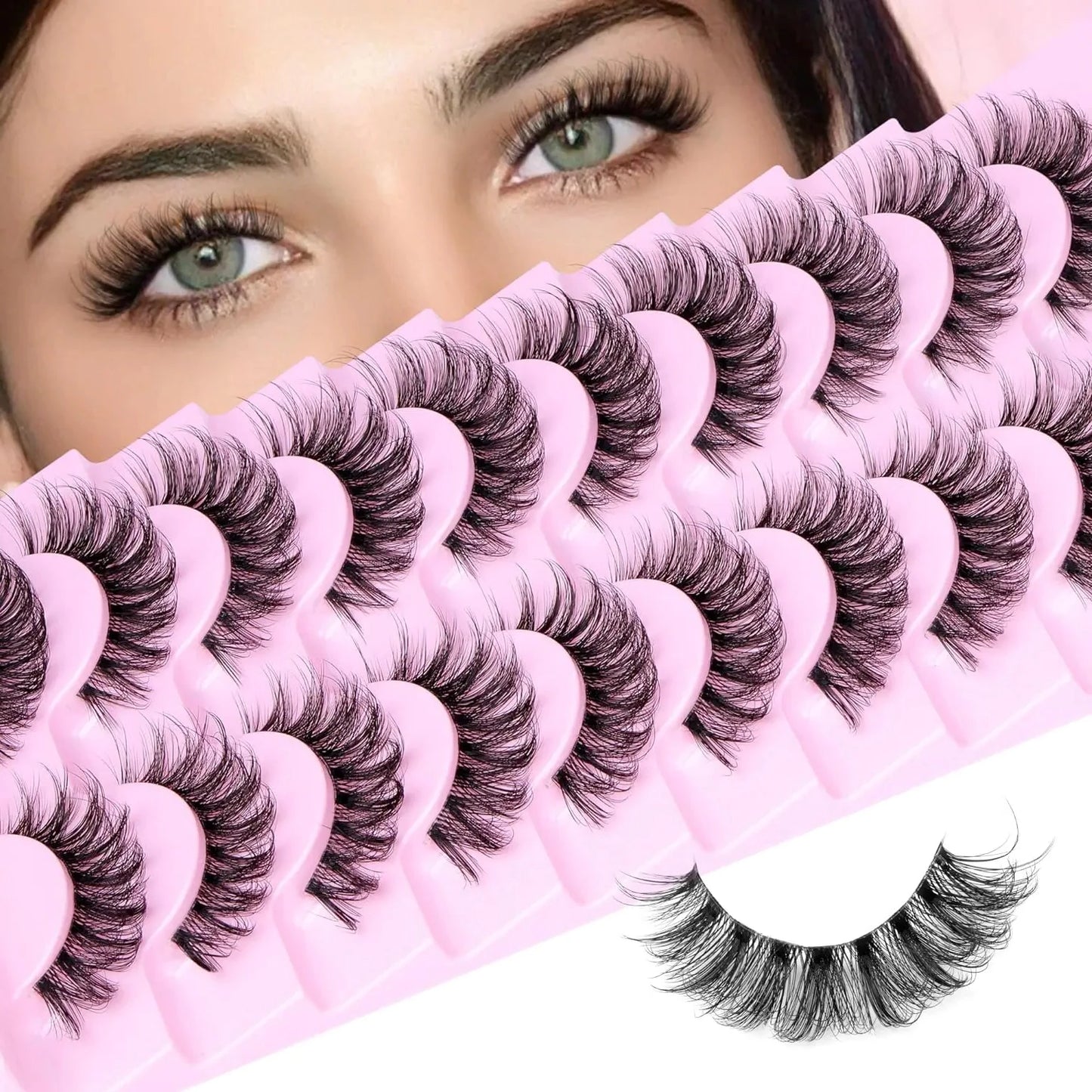 10 Pairs Natural Eyelashes Fluffy Lashes D Curl Eyelashes 3D Volume Wispy False Lashes Strips Clear Band Lashes Pack