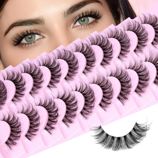 10 Pairs Natural Eyelashes Fluffy Lashes D Curl Eyelashes 3D Volume Wispy False Lashes Strips Clear Band Lashes Pack