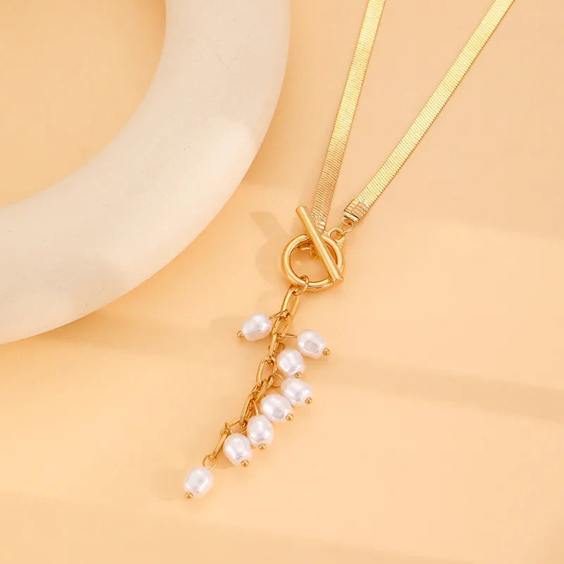 Imitation Pearl Tassel Flat Snake Bone Necklace For Women Fashionable Personalized Daily Accessory Party Jewelry Birthday Gifts