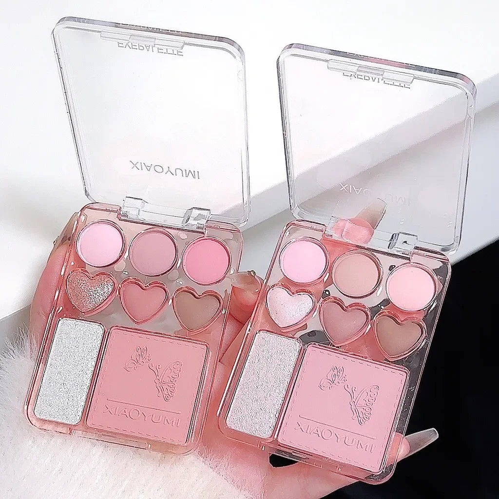 Heart-shaped 8-color eyeshadow tray with blush highlight - matte, glitter, high-gloss effect - pink, berry, brown, tone