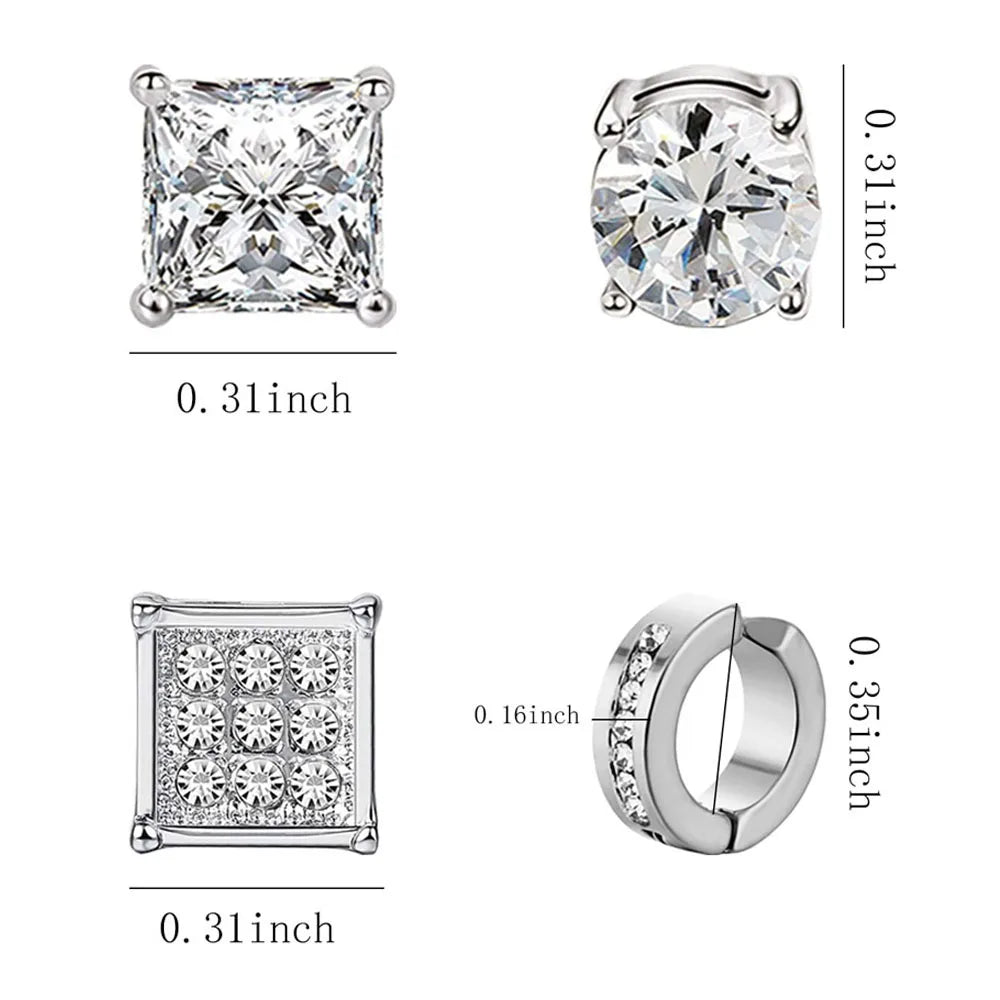 1-12 Pair Stainless Steel Magnetic Non Piercing Inlaid Cubic Zirconia Stud Earrings Clip on Hoop Earrings Set for Men Women