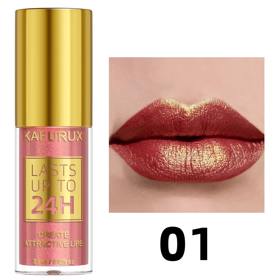 Glitter Shiny Bold& Intense Metallic Lip Glaze Pearlescent Lip Tint, Waterproof Long Lasting Lip Gloss Makeup Matte Lip Gift fo