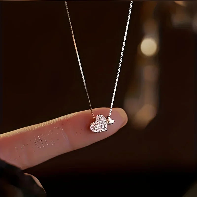 Korea Ins Fashion Shiny Inlaid Zirconia Double Love Pendant Necklace Women Simple Design Wedding Banquet Jewelry Accessories