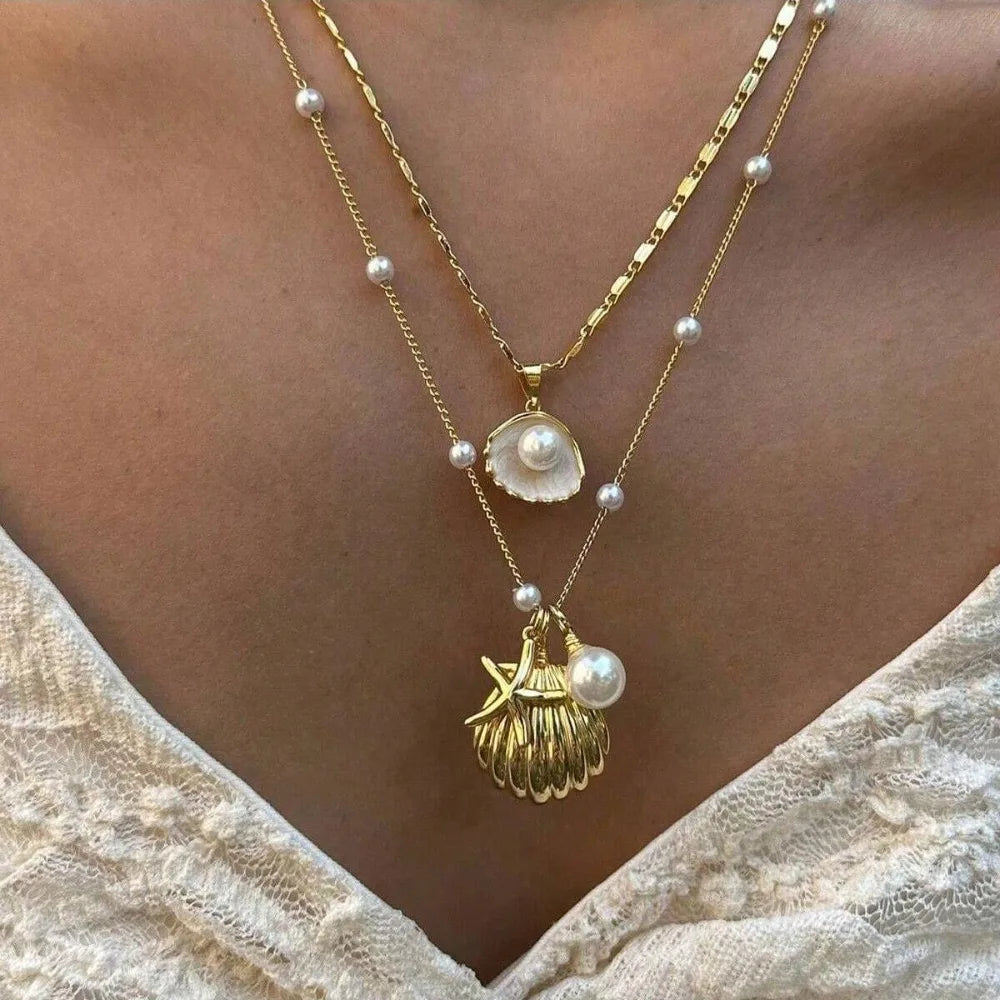 2pcs Set Fashion Boho Gold Color Marine Shell Starfish Pendant Pearl Chain Multi-layer Fold Wear Necklace for Women Jewelry Sets