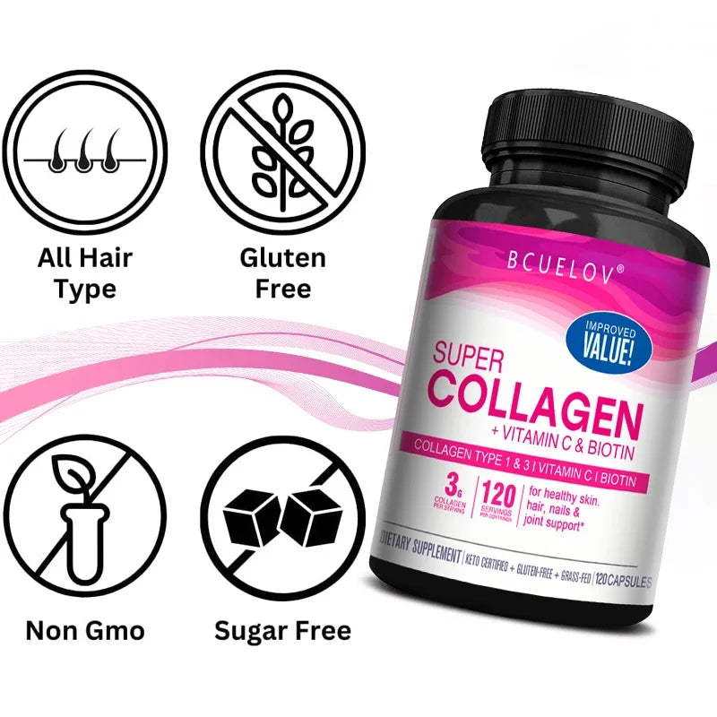 Collagen + Vitamin C plus Biotin, Anti-Aging Support, Antioxidant, Brightener, Skin, Hair & Nails Supplement, 120 Capsules