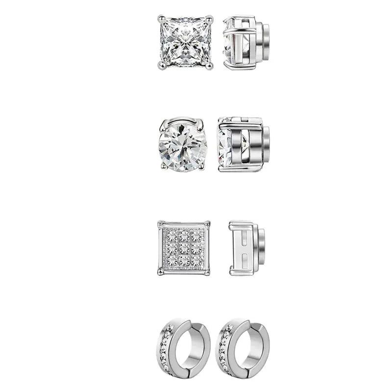 1-12 Pair Stainless Steel Magnetic Non Piercing Inlaid Cubic Zirconia Stud Earrings Clip on Hoop Earrings Set for Men Women