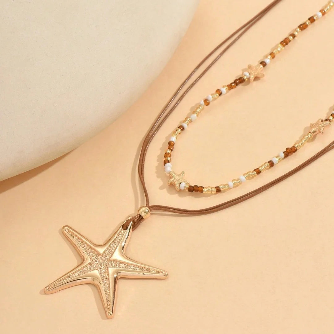 Retro White Starfish Pendant Collarbone Necklace Women's Simple Sweet Bead String Chain Girls Fashion Beach Jewelry
