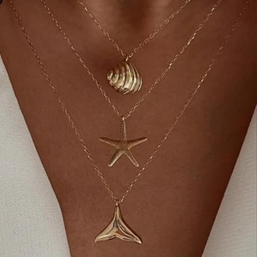 2pcs Set Fashion Boho Gold Color Marine Shell Starfish Pendant Pearl Chain Multi-layer Fold Wear Necklace for Women Jewelry Sets