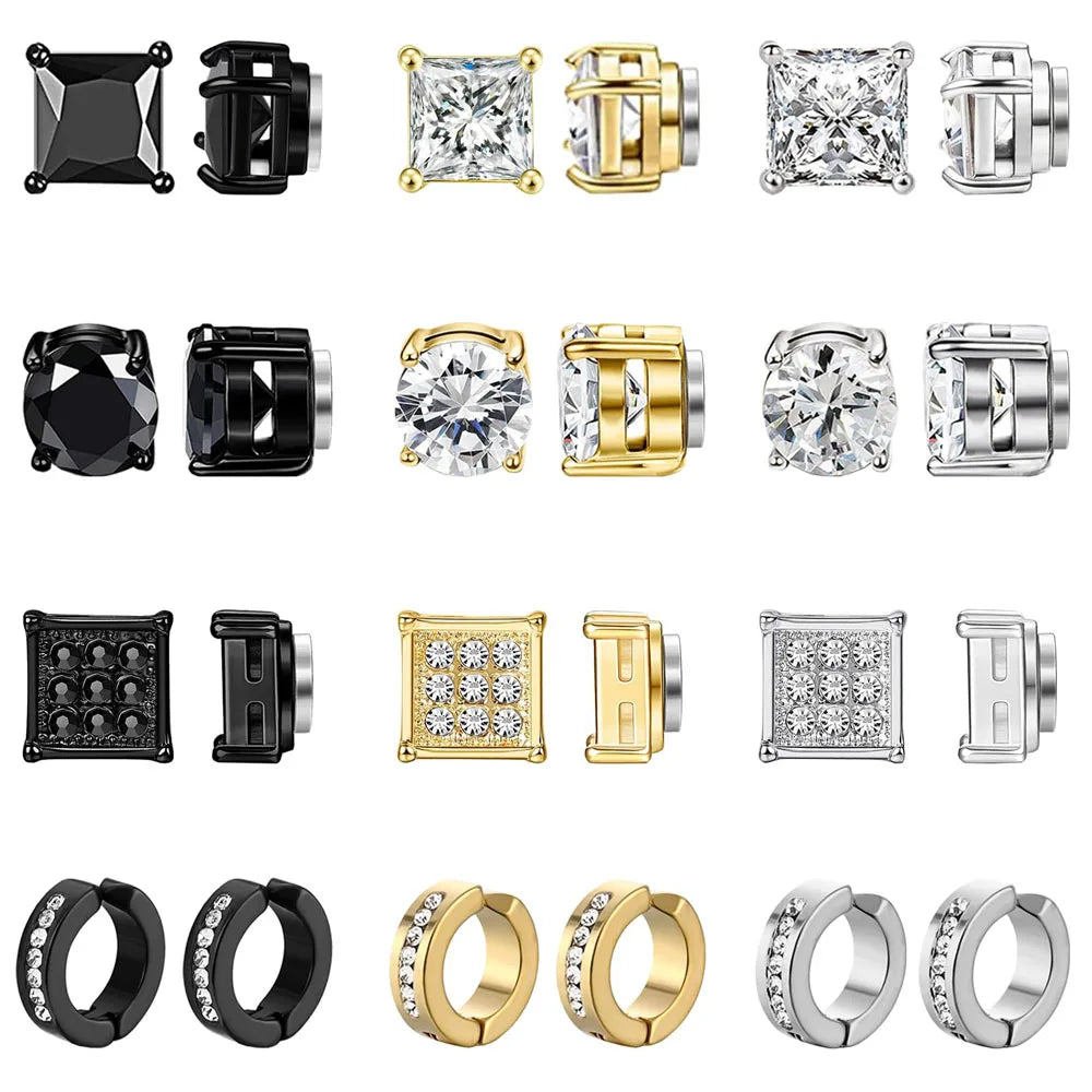 1-12 Pair Stainless Steel Magnetic Non Piercing Inlaid Cubic Zirconia Stud Earrings Clip on Hoop Earrings Set for Men Women