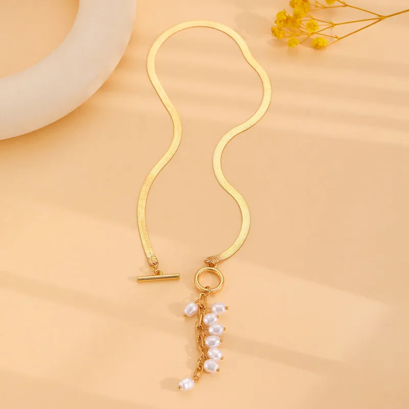 Imitation Pearl Tassel Flat Snake Bone Necklace For Women Fashionable Personalized Daily Accessory Party Jewelry Birthday Gifts