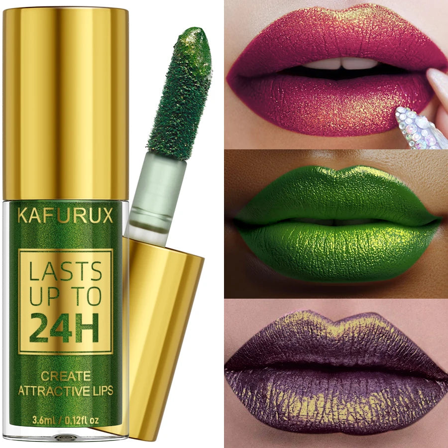 Glitter Shiny Bold& Intense Metallic Lip Glaze Pearlescent Lip Tint, Waterproof Long Lasting Lip Gloss Makeup Matte Lip Gift fo