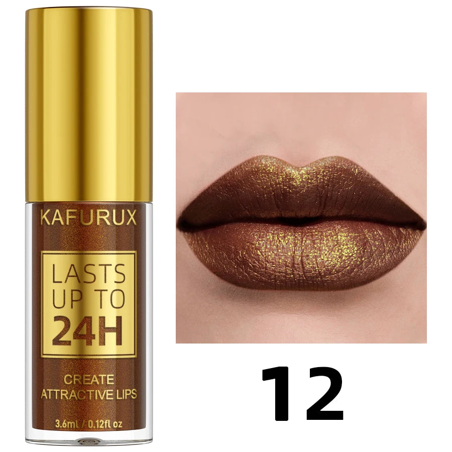 Glitter Shiny Bold& Intense Metallic Lip Glaze Pearlescent Lip Tint, Waterproof Long Lasting Lip Gloss Makeup Matte Lip Gift fo