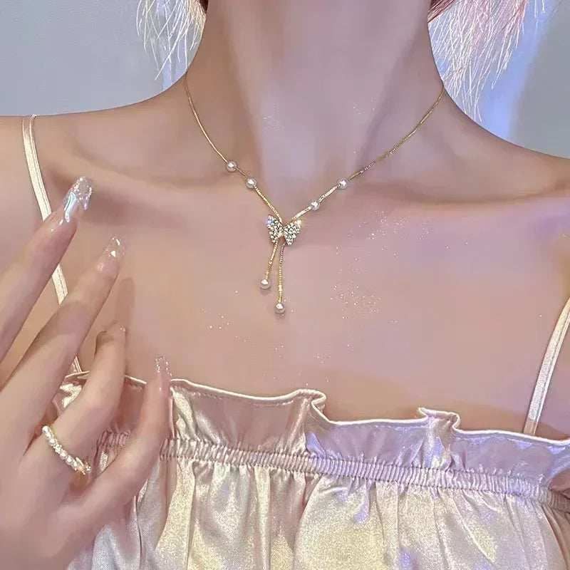 Imitation Pearl Tassel Flat Snake Bone Necklace For Women Fashionable Personalized Daily Accessory Party Jewelry Birthday Gifts