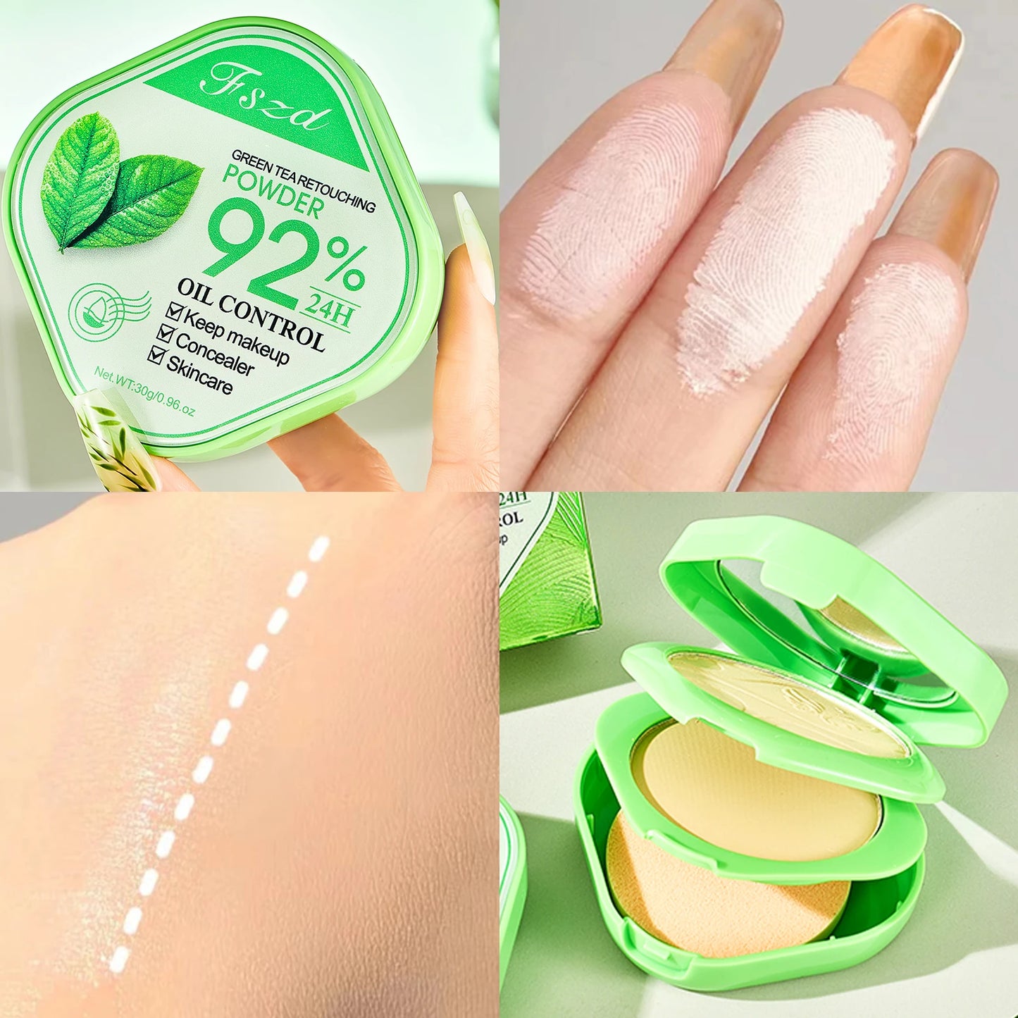 Green Tea Light Silky Double-Layer Powder Lightweight, Long-Lasting, Natural Coverage, Oil Control Correcting Powder Foundation
