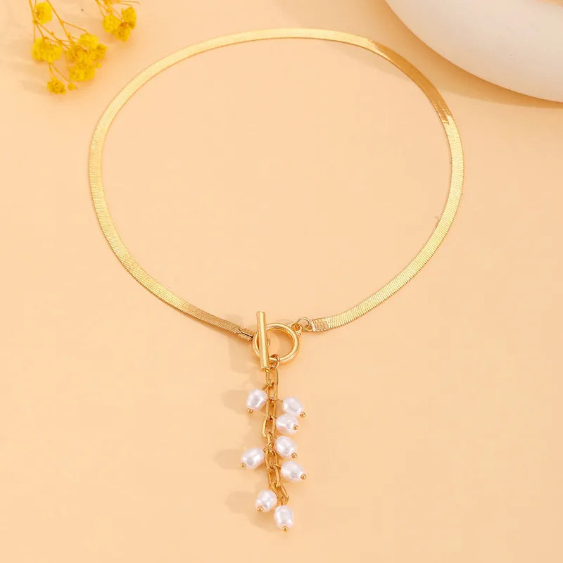 Imitation Pearl Tassel Flat Snake Bone Necklace For Women Fashionable Personalized Daily Accessory Party Jewelry Birthday Gifts