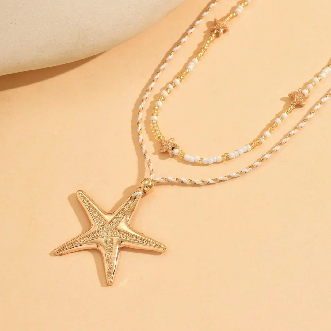 Retro White Starfish Pendant Collarbone Necklace Women's Simple Sweet Bead String Chain Girls Fashion Beach Jewelry