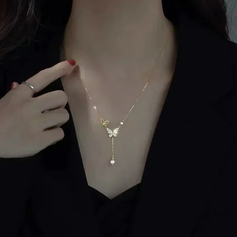 Imitation Pearl Tassel Flat Snake Bone Necklace For Women Fashionable Personalized Daily Accessory Party Jewelry Birthday Gifts