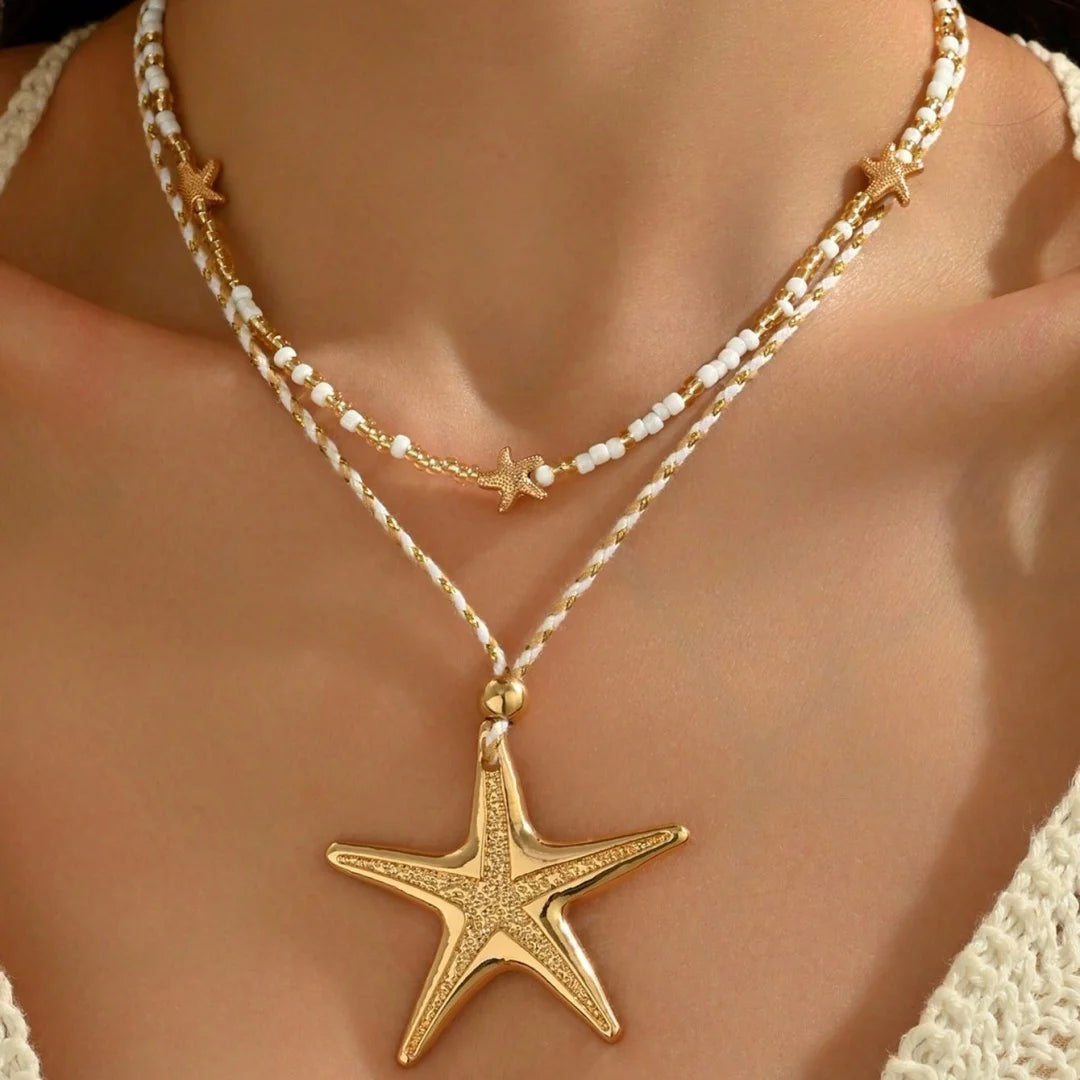 Retro White Starfish Pendant Collarbone Necklace Women's Simple Sweet Bead String Chain Girls Fashion Beach Jewelry